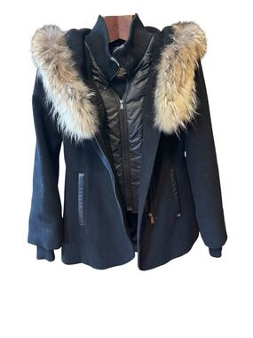 Sicily clothing Black Wool Coat with real  Fur size XL in perfect condition